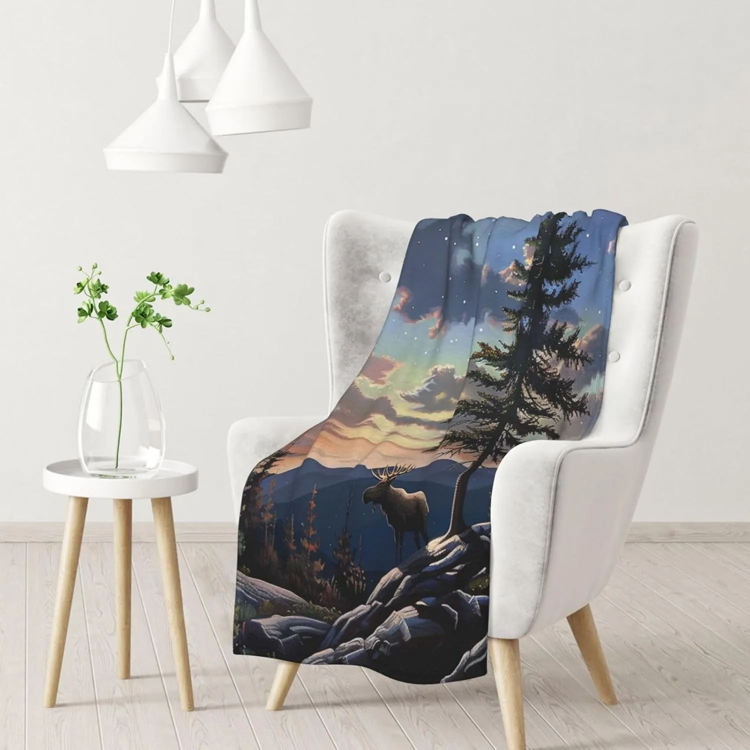 Moose Mountain Pine Tree Wilderness Printed Blanket 30x40 inch Cute Warm 280g Flannel Small Throw Blankets for Bed Couch Sofa Office