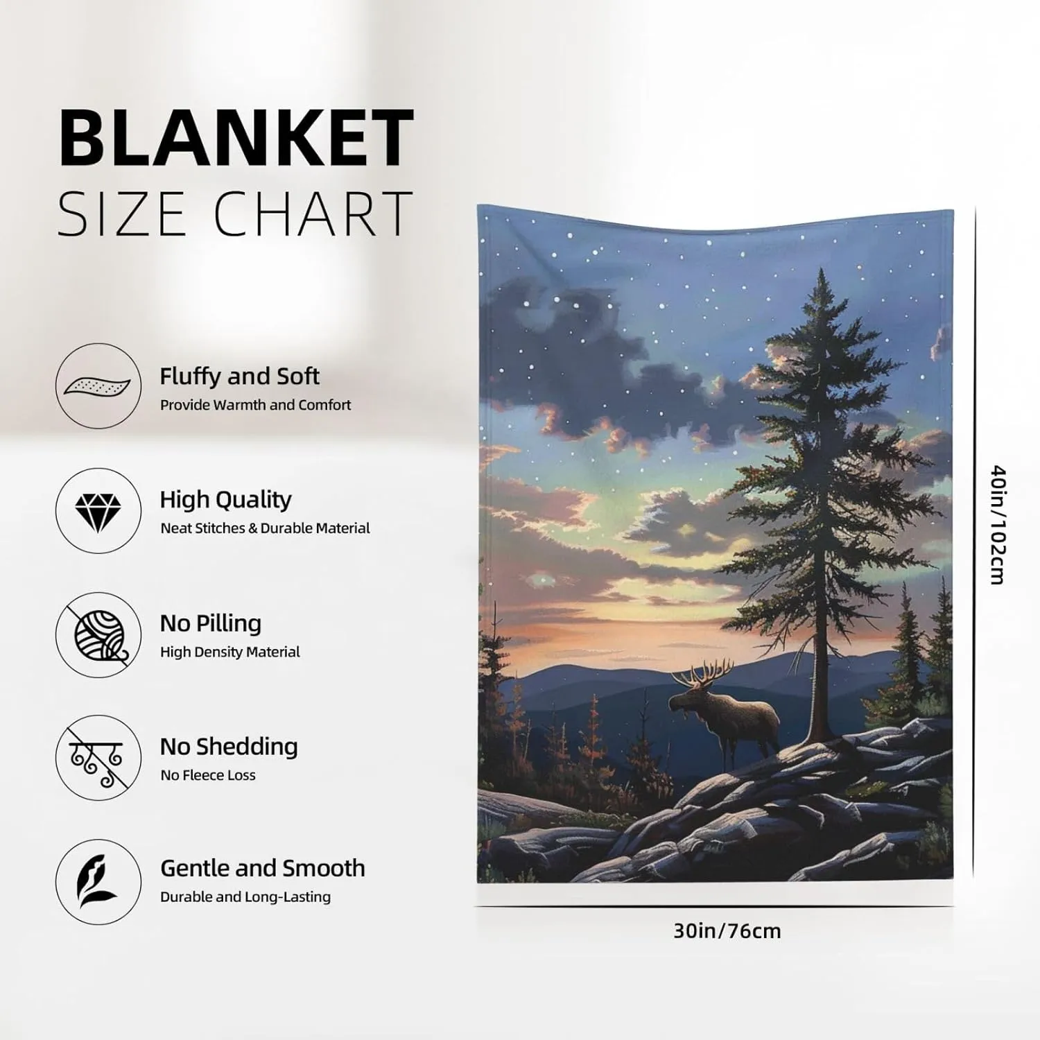 Moose Mountain Pine Tree Wilderness Printed Blanket 30x40 inch Cute Warm 280g Flannel Small Throw Blankets for Bed Couch Sofa Office