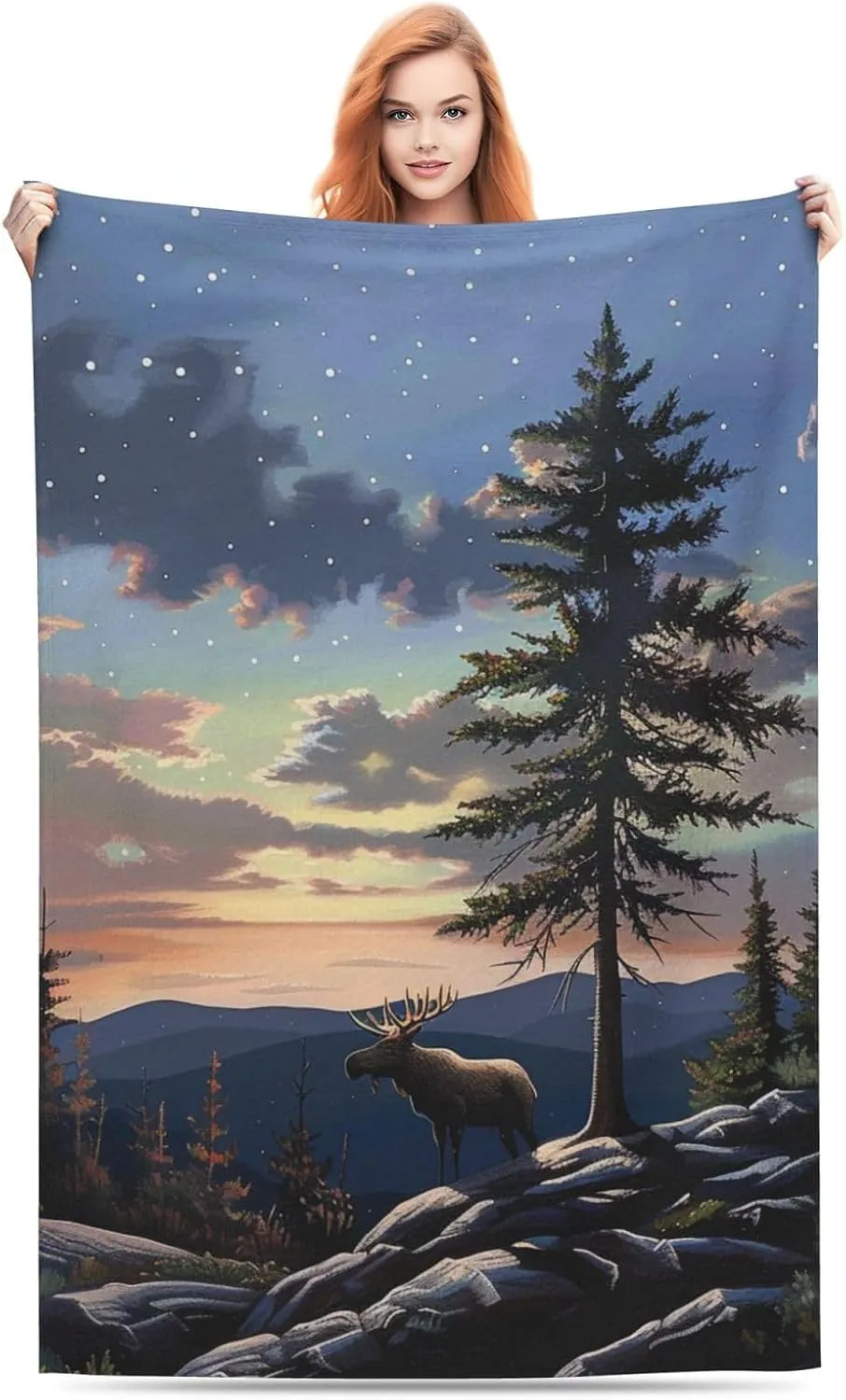 Moose Mountain Pine Tree Wilderness Printed Blanket 40x60 inch Cute Small Warm 280g Flannel Throw Blankets for Bed Couch Sofa Office