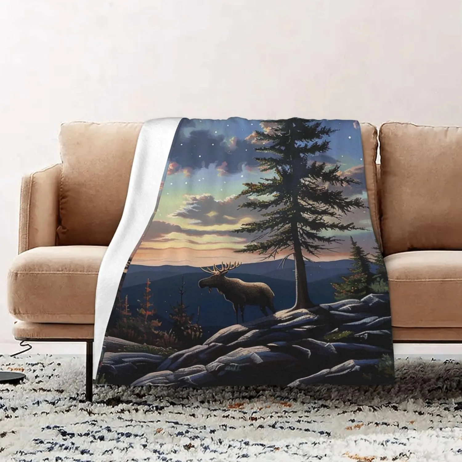 Moose Mountain Pine Tree Wilderness Printed Blanket 40x60 inch Cute Small Warm 280g Flannel Throw Blankets for Bed Couch Sofa Office