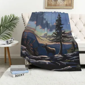 Moose Mountain Pine Tree Wilderness Printed Blanket 40x60 inch Cute Small Warm 280g Flannel Throw Blankets for Bed Couch Sofa Office