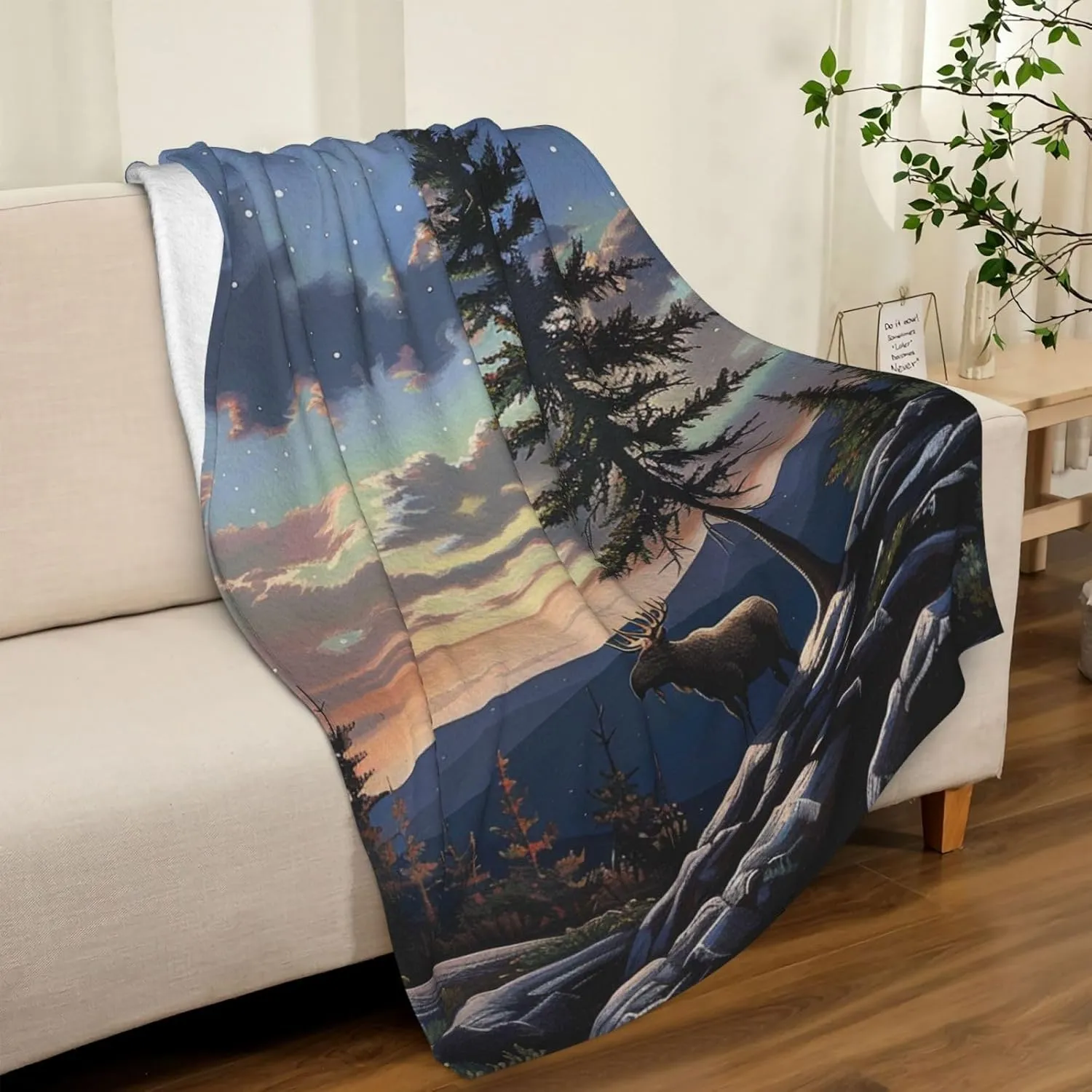 Moose Mountain Pine Tree Wilderness Printed Blanket 40x60 inch Cute Small Warm 280g Flannel Throw Blankets for Bed Couch Sofa Office