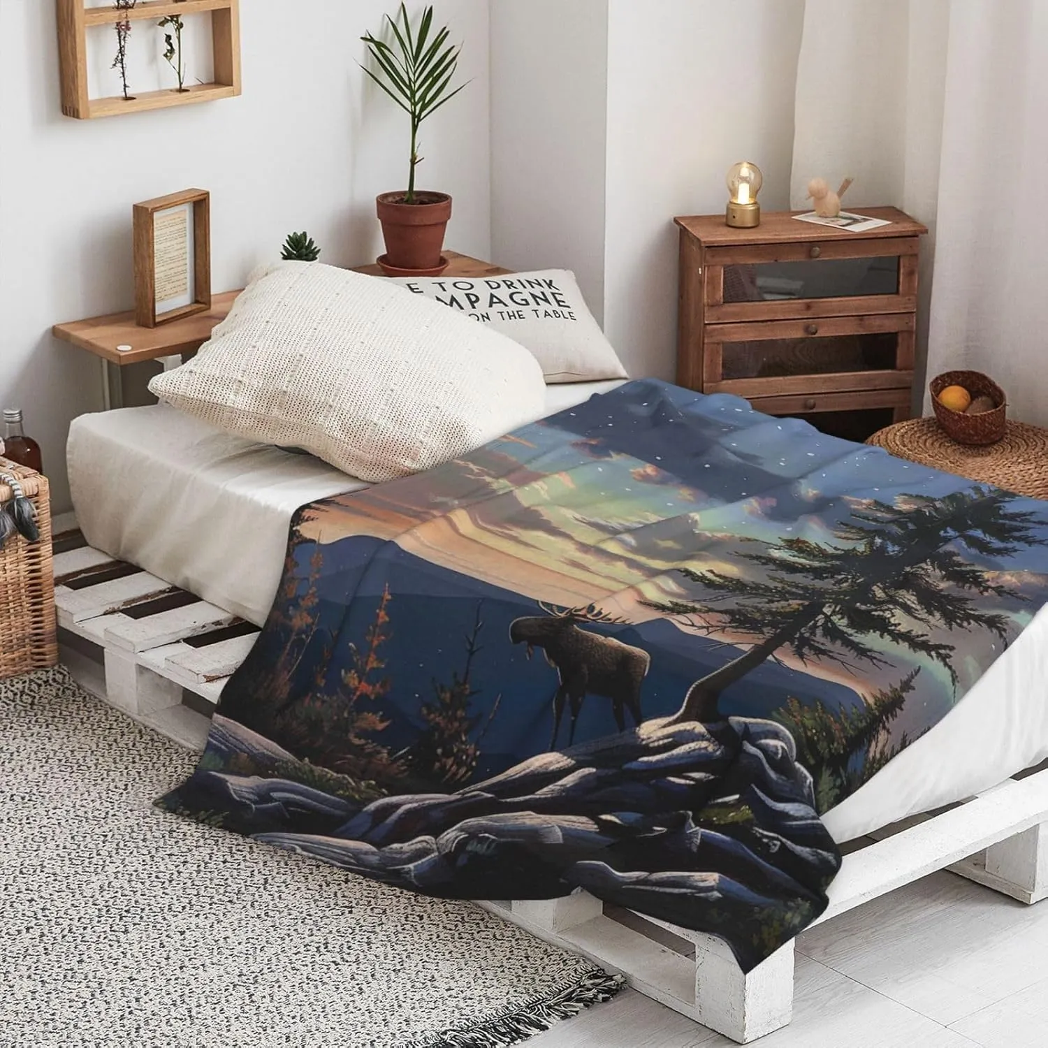 Moose Mountain Pine Tree Wilderness Printed Blanket 40x60 inch Cute Small Warm 280g Flannel Throw Blankets for Bed Couch Sofa Office
