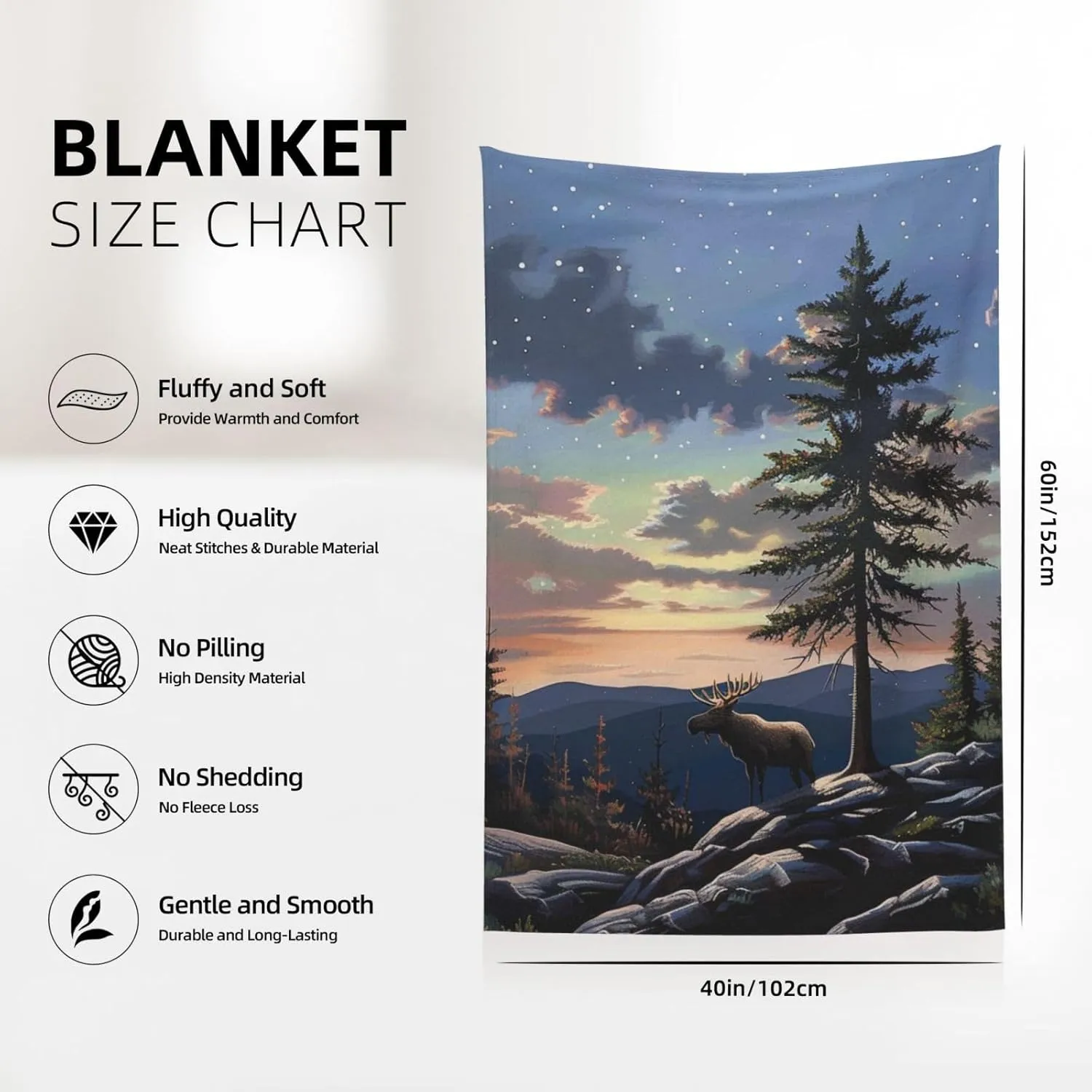 Moose Mountain Pine Tree Wilderness Printed Blanket 40x60 inch Cute Small Warm 280g Flannel Throw Blankets for Bed Couch Sofa Office