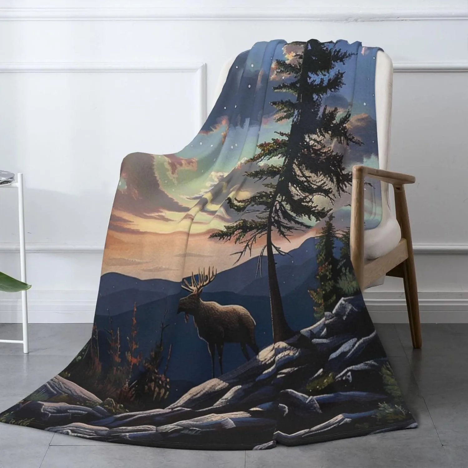Moose Mountain Pine Tree Wilderness Printed Blanket 50x70 inch Cute Warm 320g Flannel Throw Blankets for Bed Couch Sofa Office