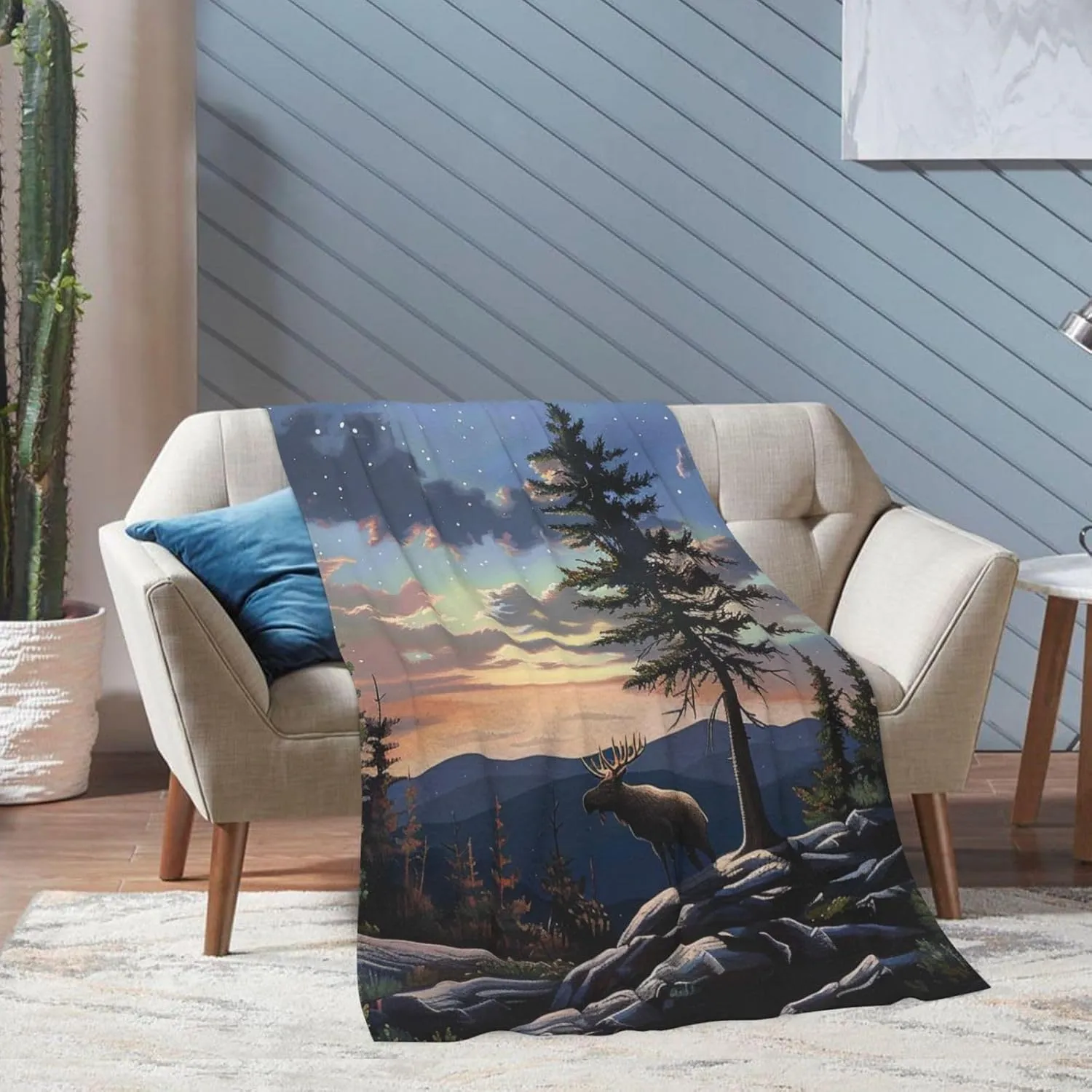 Moose Mountain Pine Tree Wilderness Printed Blanket 50x70 inch Cute Warm 320g Flannel Throw Blankets for Bed Couch Sofa Office