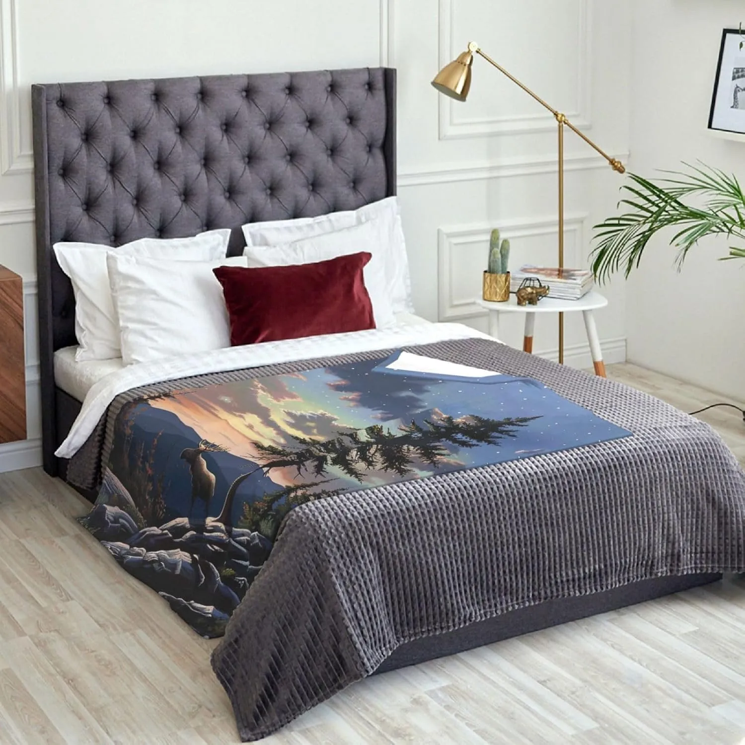 Moose Mountain Pine Tree Wilderness Printed Blanket 50x70 inch Cute Warm 320g Flannel Throw Blankets for Bed Couch Sofa Office
