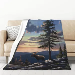 Moose Mountain Pine Tree Wilderness Printed Blanket 50x70 inch Cute Warm 320g Flannel Throw Blankets for Bed Couch Sofa Office