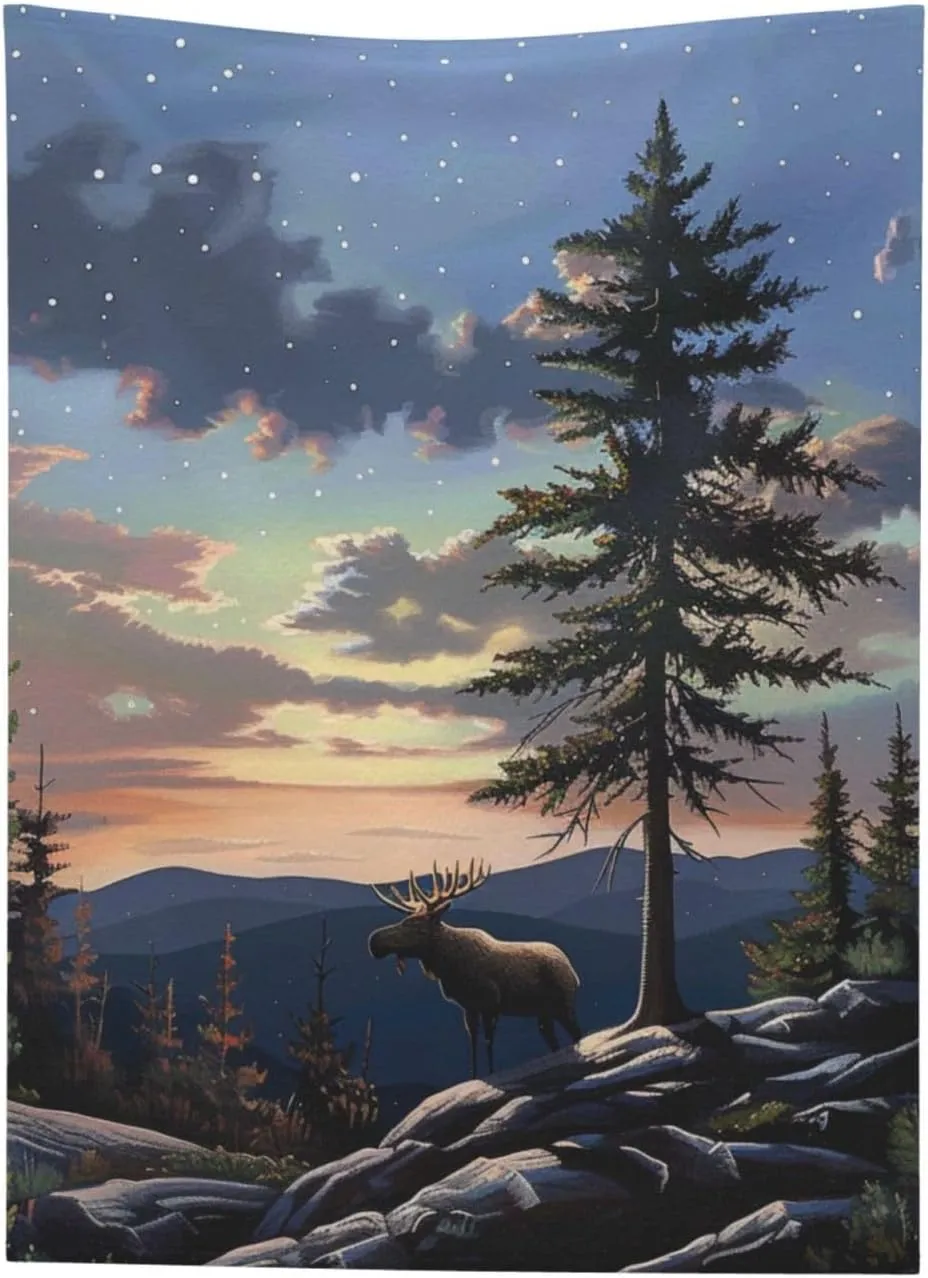 Moose Mountain Pine Tree Wilderness Printed Blanket 50x70 inch Cute Warm 320g Flannel Throw Blankets for Bed Couch Sofa Office