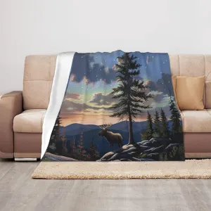 Moose Mountain Pine Tree Wilderness Printed Flannel Blanket 50x40 inch Cute Small Warm Throw Blankets for Bed Couch Sofa Office