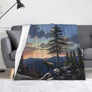 Moose Mountain Pine Tree Wilderness Printed Flannel Blanket 60x50 inch Cute Small Warm Throw Blankets for Bed Couch Sofa Office