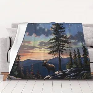 Moose Mountain Pine Tree Wilderness Printed Flannel Blanket 80x60 inch Cute Warm Throw Blankets for Bed Couch Sofa Office