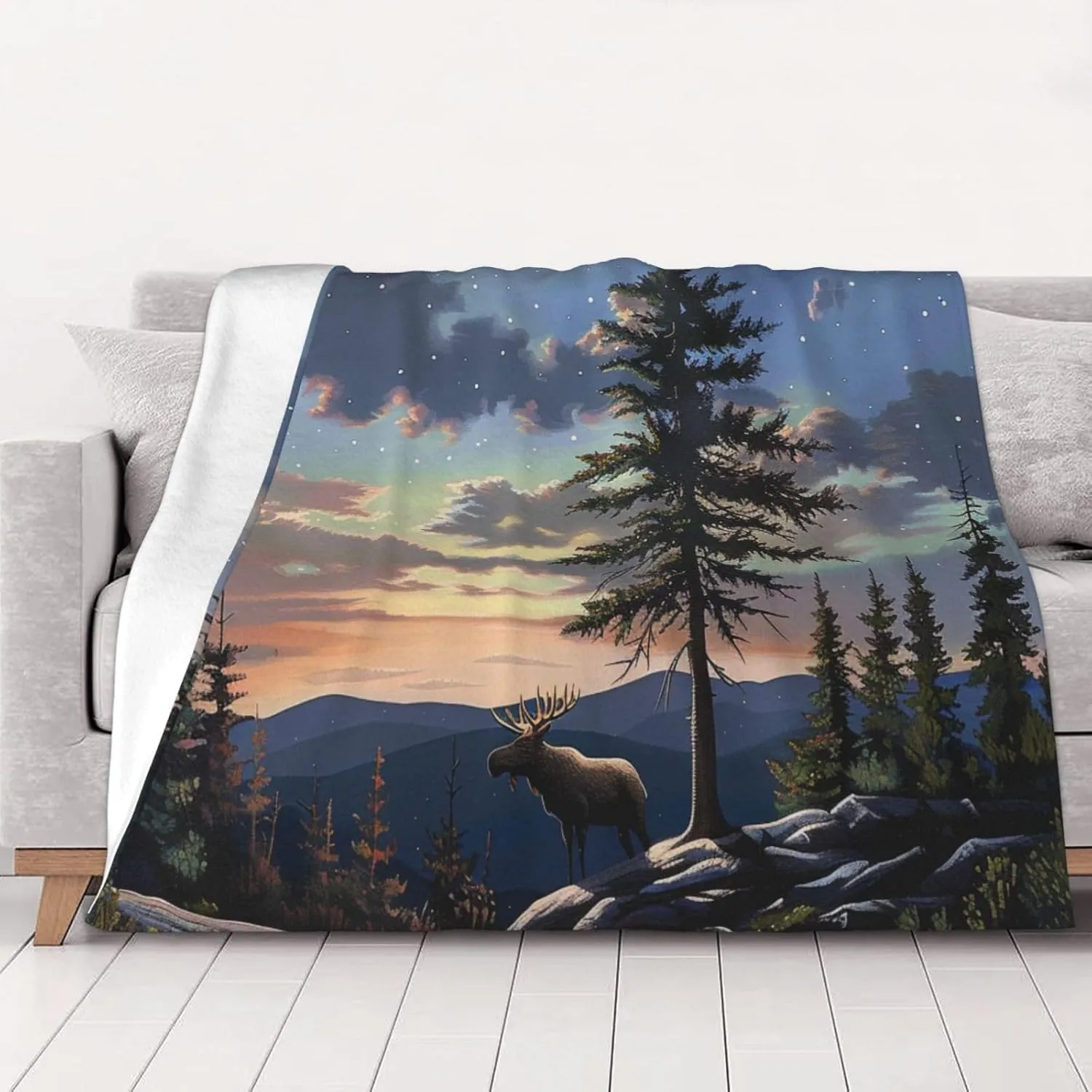 Moose Mountain Pine Tree Wilderness Printed Flannel Blanket 80x60 inch Cute Warm Throw Blankets for Bed Couch Sofa Office