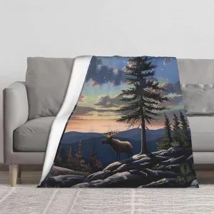 Moose Mountain Pine Tree Wilderness Printed Thickened Blanket 50x60 inch Cute Warm Flannel Throw Blankets for Bed Couch Sofa Office