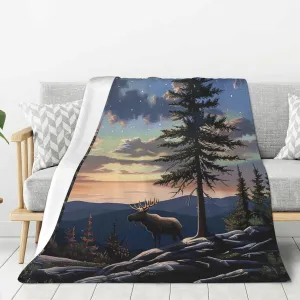 Moose Mountain Pine Tree Wilderness Printed Thickened Blanket 60x80 inch Cute Warm Flannel Throw Blankets for Bed Couch Sofa Office