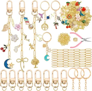 MORWLAT Gold DIY Keychain Making Kit Cute Bag Charm Kit 60 Charms 8 Keychain Clips with Key Ring Swivel Snap Hook Lobster Claw Clasps 100 Jump Ring Jewelry Plier DIY Set Women Craft