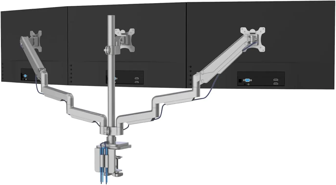 Mount-It! Triple Monitor Mount with USB and Audio Ports, 3 Monitor Desk Mount, Balanced Height Adjustable Triple Display Stand for Three Computer Screens 24 27 30 32 Inch VESA Screens, Gaming, Office