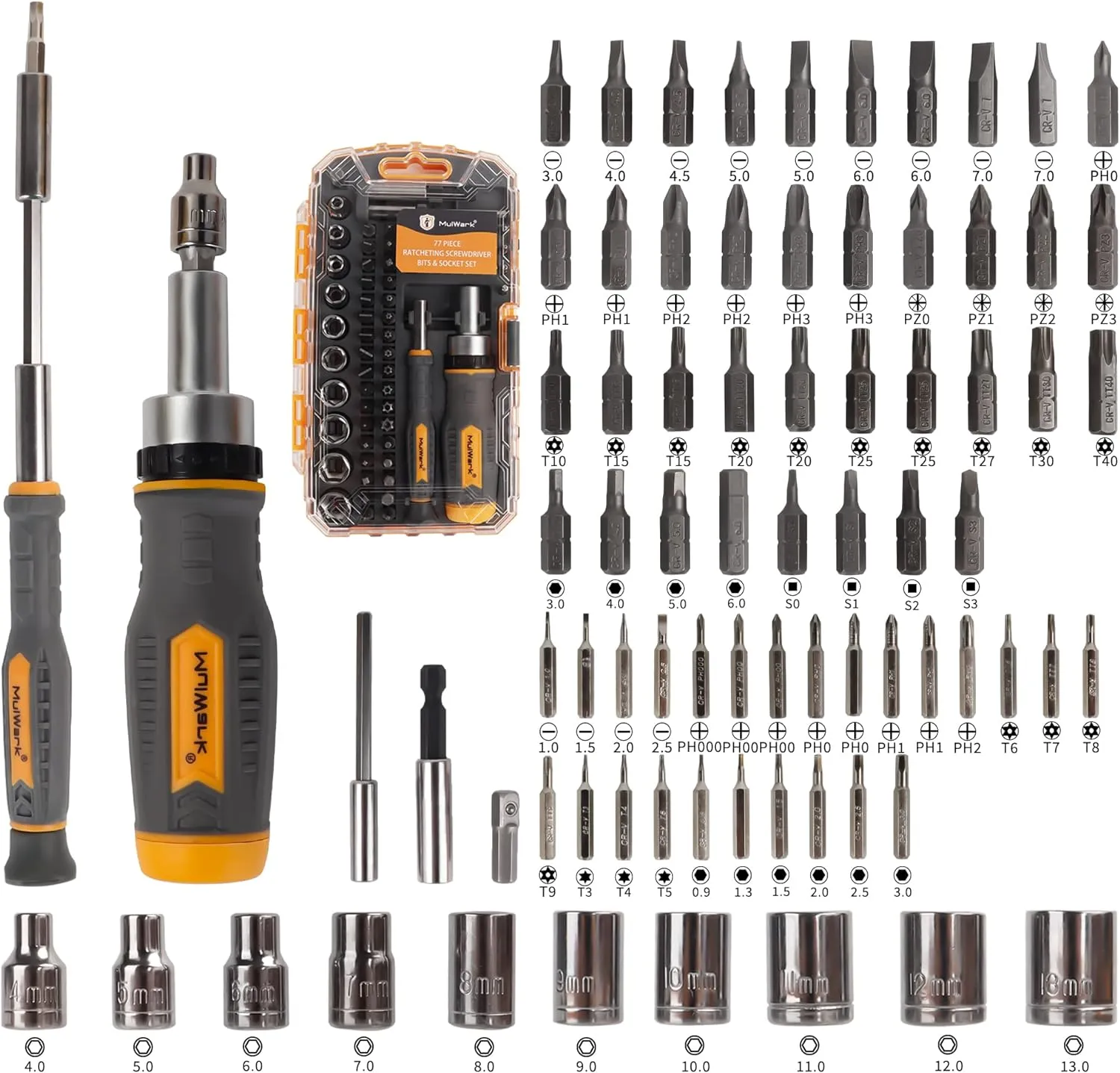MULWARK Screwdriver Bits & Socket Set 77 Pieces, Ratchet Screwdriver Set with Case, Multipurpose Tool Kit for DIY & Professional Use Gift for Men, Bit Set, Complete Screwdriver Set for Home & Garage