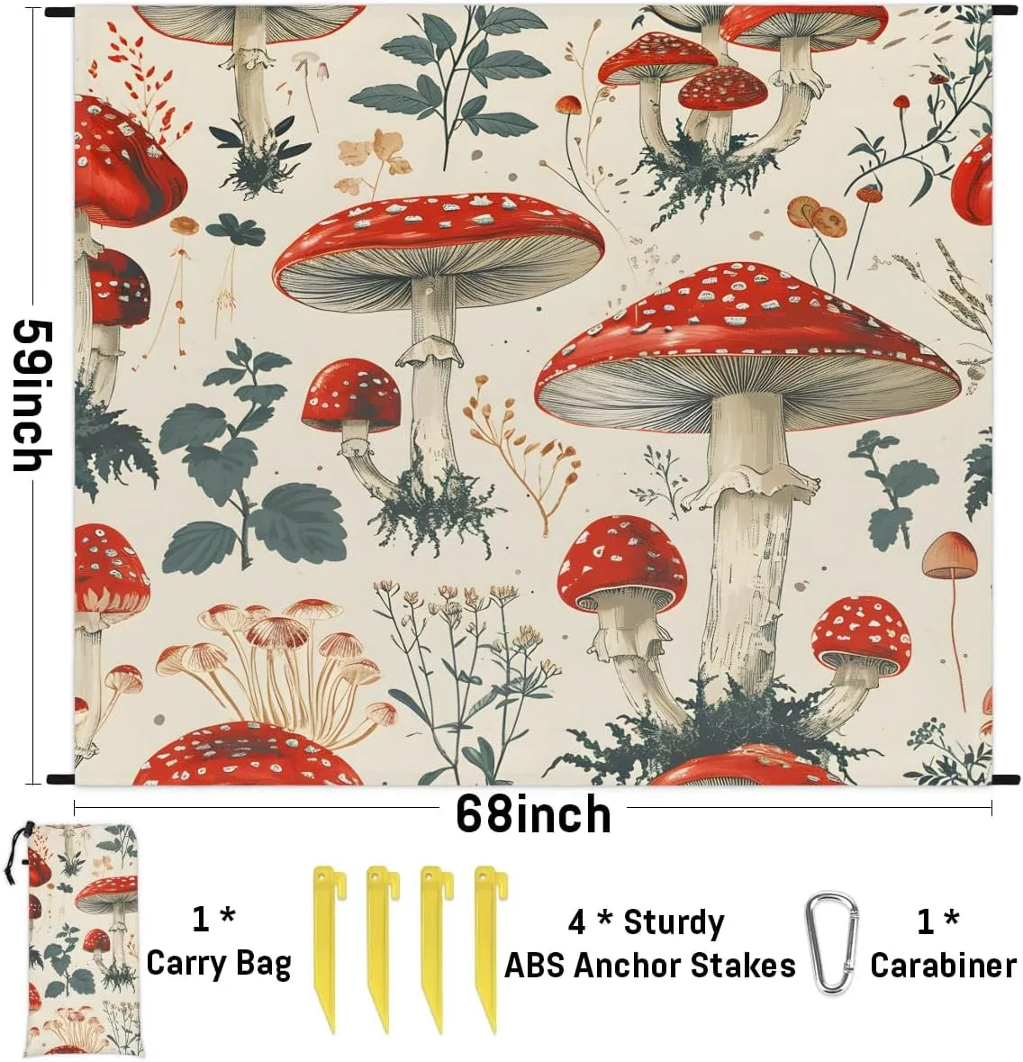Mushroom Beach Blanket, Sandproof Beach Mat, 68 x 59 Waterproof Quick Drying Sand Free Mat with 4 x Ground Spikes for Outdoor Travel Camping Hiking, Fall Mushroom