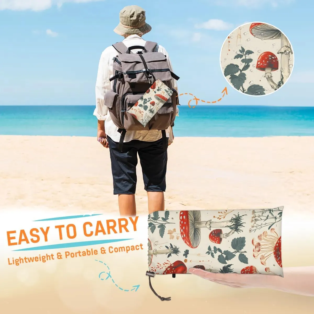 Mushroom Beach Blanket, Sandproof Beach Mat, 68 x 59 Waterproof Quick Drying Sand Free Mat with 4 x Ground Spikes for Outdoor Travel Camping Hiking, Fall Mushroom