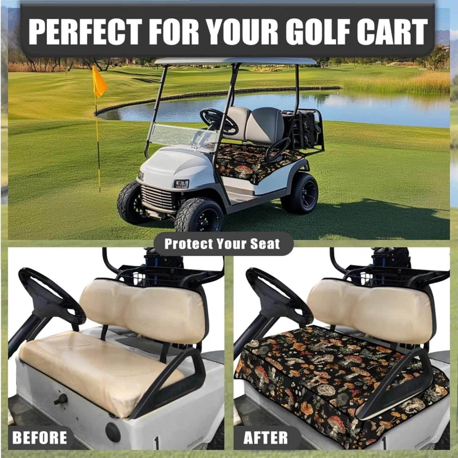 Mushroom Print Golf Seat Covers & Steering Wheel - Breathable Seat Blanket with Pockets   Reflective Sun Shield, Universal Golf Cart Upgrades for Club Car Owners