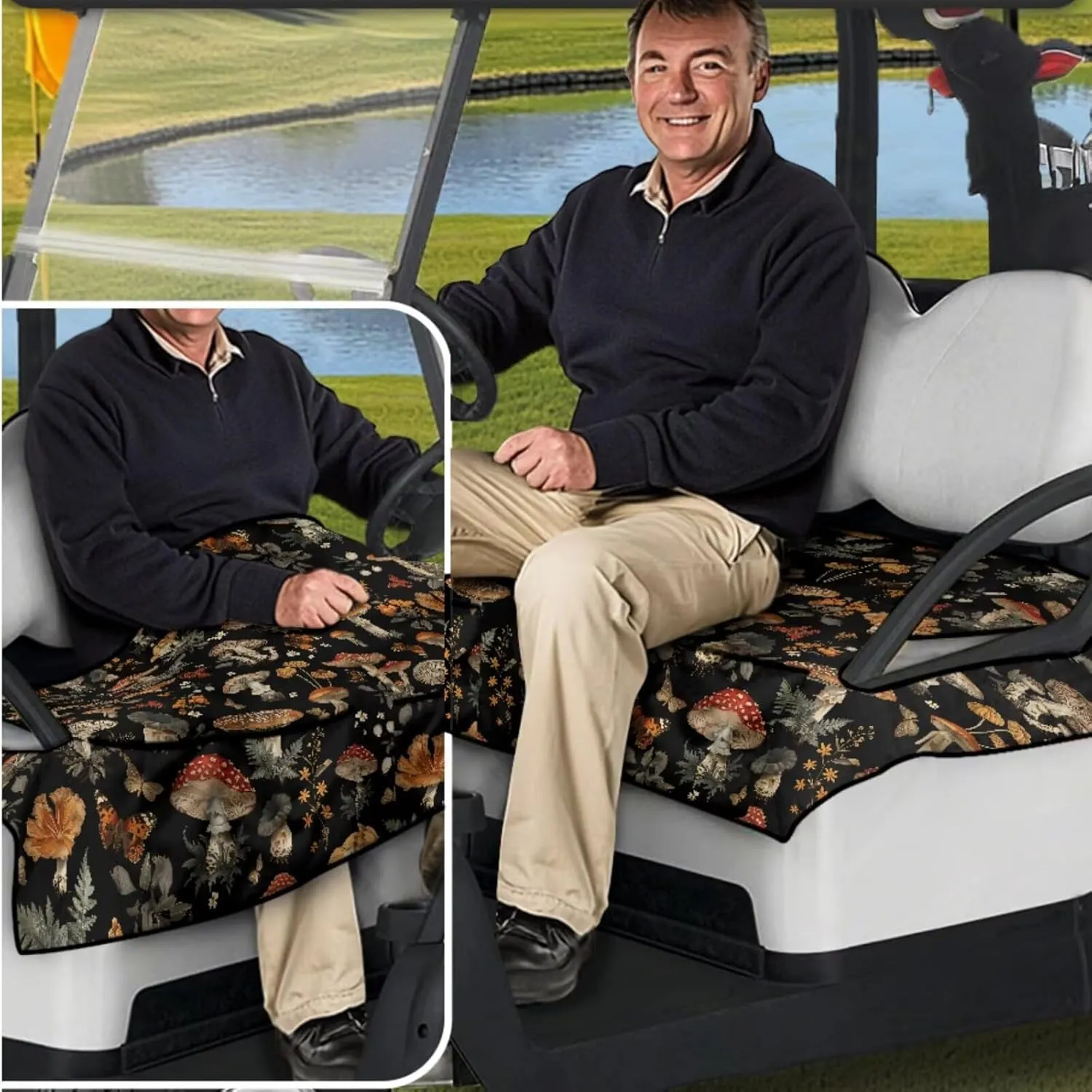 Mushroom Print Golf Seat Covers & Steering Wheel - Breathable Seat Blanket with Pockets   Reflective Sun Shield, Universal Golf Cart Upgrades for Club Car Owners