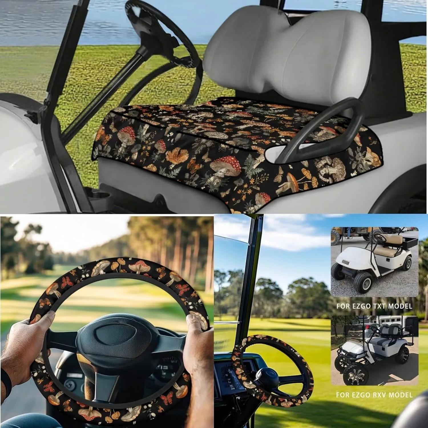 Mushroom Print Golf Seat Covers & Steering Wheel - Breathable Seat Blanket with Pockets   Reflective Sun Shield, Universal Golf Cart Upgrades for Club Car Owners