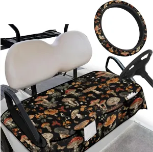 Mushroom Print Golf Seat Covers & Steering Wheel - Breathable Seat Blanket with Pockets   Reflective Sun Shield, Universal Golf Cart Upgrades for Club Car Owners
