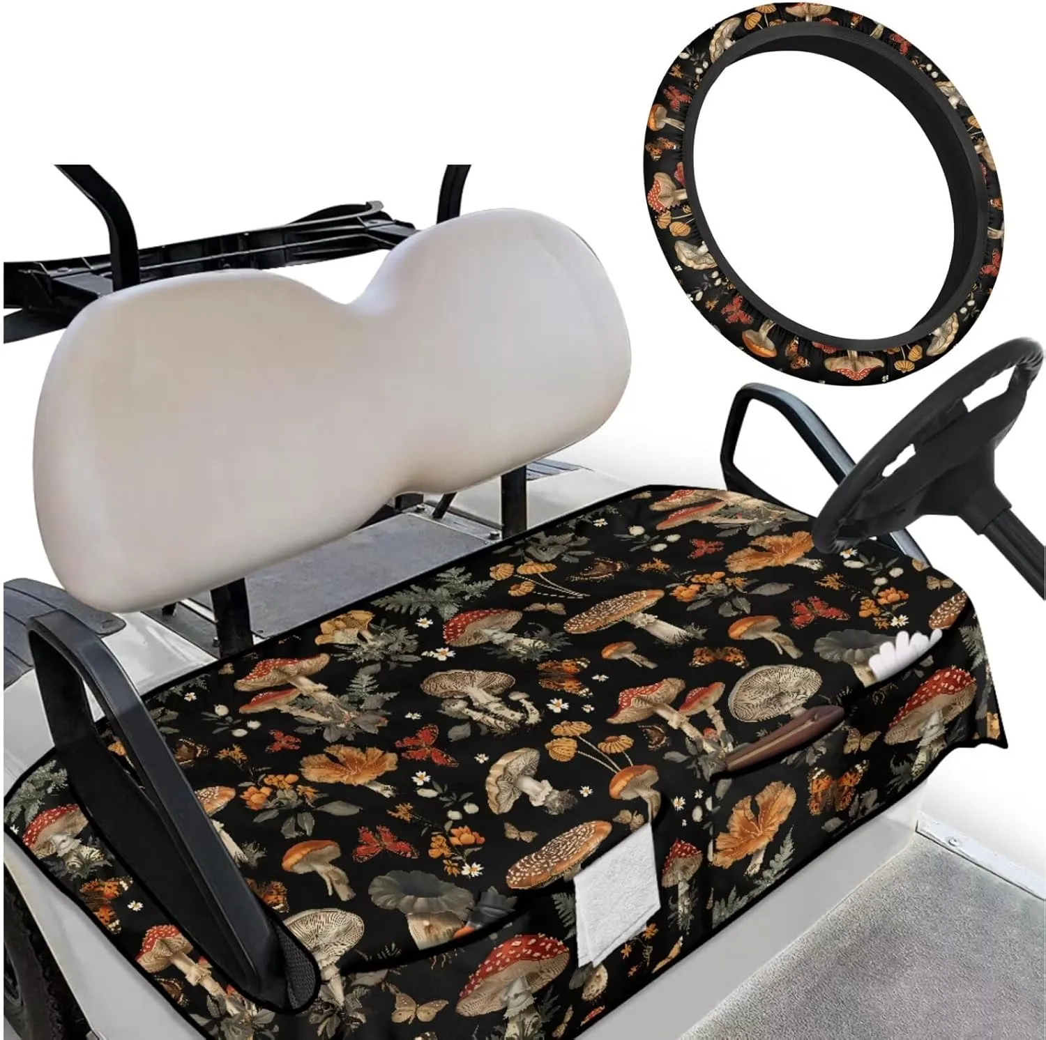 Mushroom Print Golf Seat Covers & Steering Wheel - Breathable Seat Blanket with Pockets   Reflective Sun Shield, Universal Golf Cart Upgrades for Club Car Owners