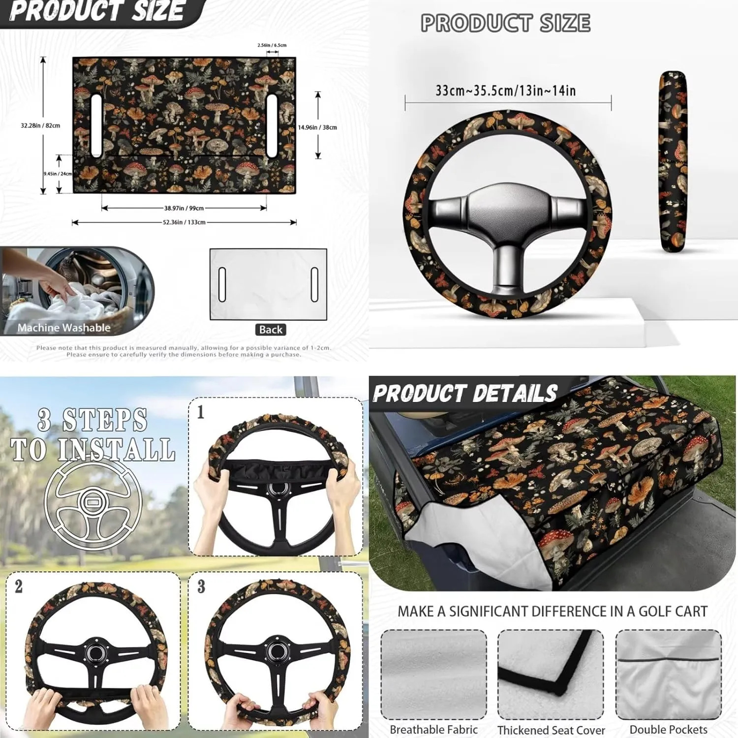 Mushroom Print Golf Seat Covers & Steering Wheel - Breathable Seat Blanket with Pockets   Reflective Sun Shield, Universal Golf Cart Upgrades for Club Car Owners