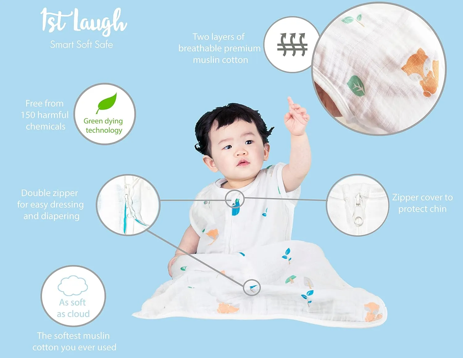 Muslin Cotton Toddler Sleeping Sack Bag, 0.5 Tog baby Lightweight Wearable Blanket for boy and girl (S, Forest)