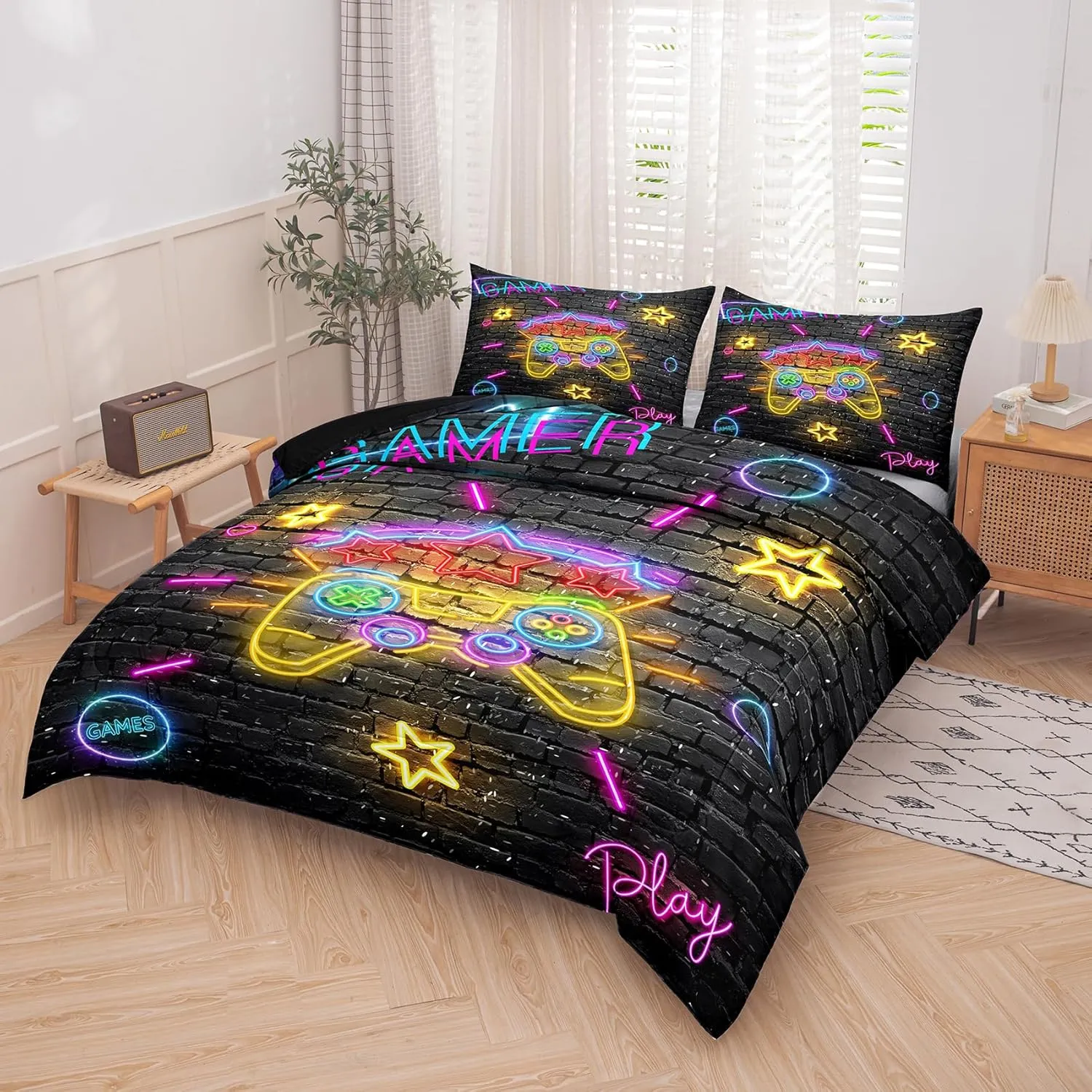 MWMWMW Gaming Bedding Sets for Boys, 5 Piece Bed in a Bag Boys, Twin Size Comforter Sets for Boys, Gaming Bedding Set for Kids Teens with Flat Sheet, Fitted Sheet, Pillowcases and Comforter