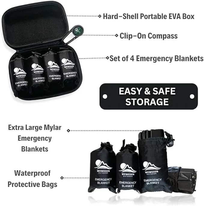Mylar Emergency Blankets 4 Pack of Extra Large Thermal Foil NASA Designed Space Blankets for Camping, Hiking, Rescue, and Car Use - Reflective Heavy Duty Survival Blanket