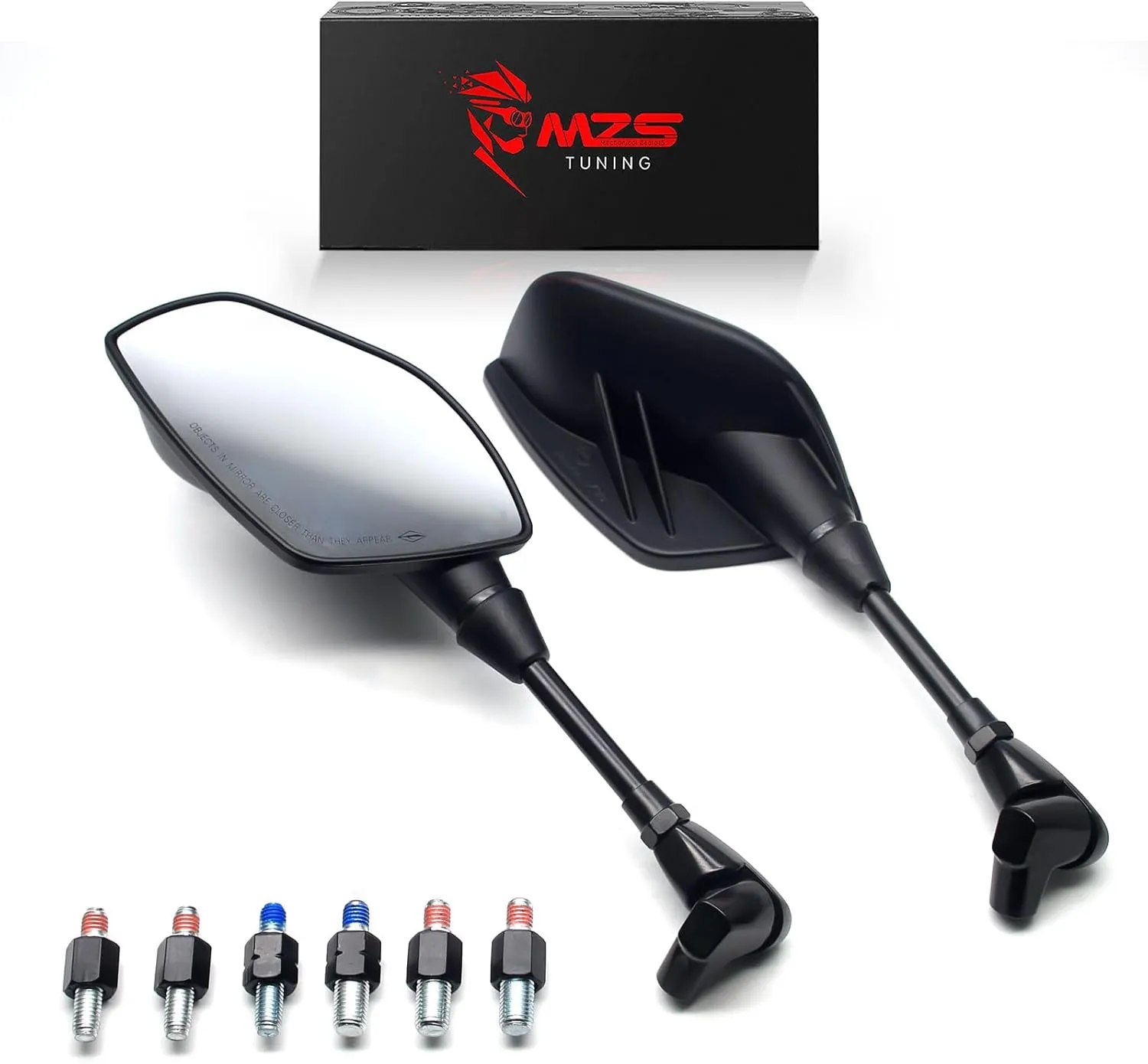 MZS Motorcycle Mirrors, Foldable 10mm 8mm Hawk-Eye Motorbike Rear View Handlebar Side Mirror with Aluminum Mount Clamp Black Universal fit for Street Adventure Bike Electric Ebike Scooter ATV Quad