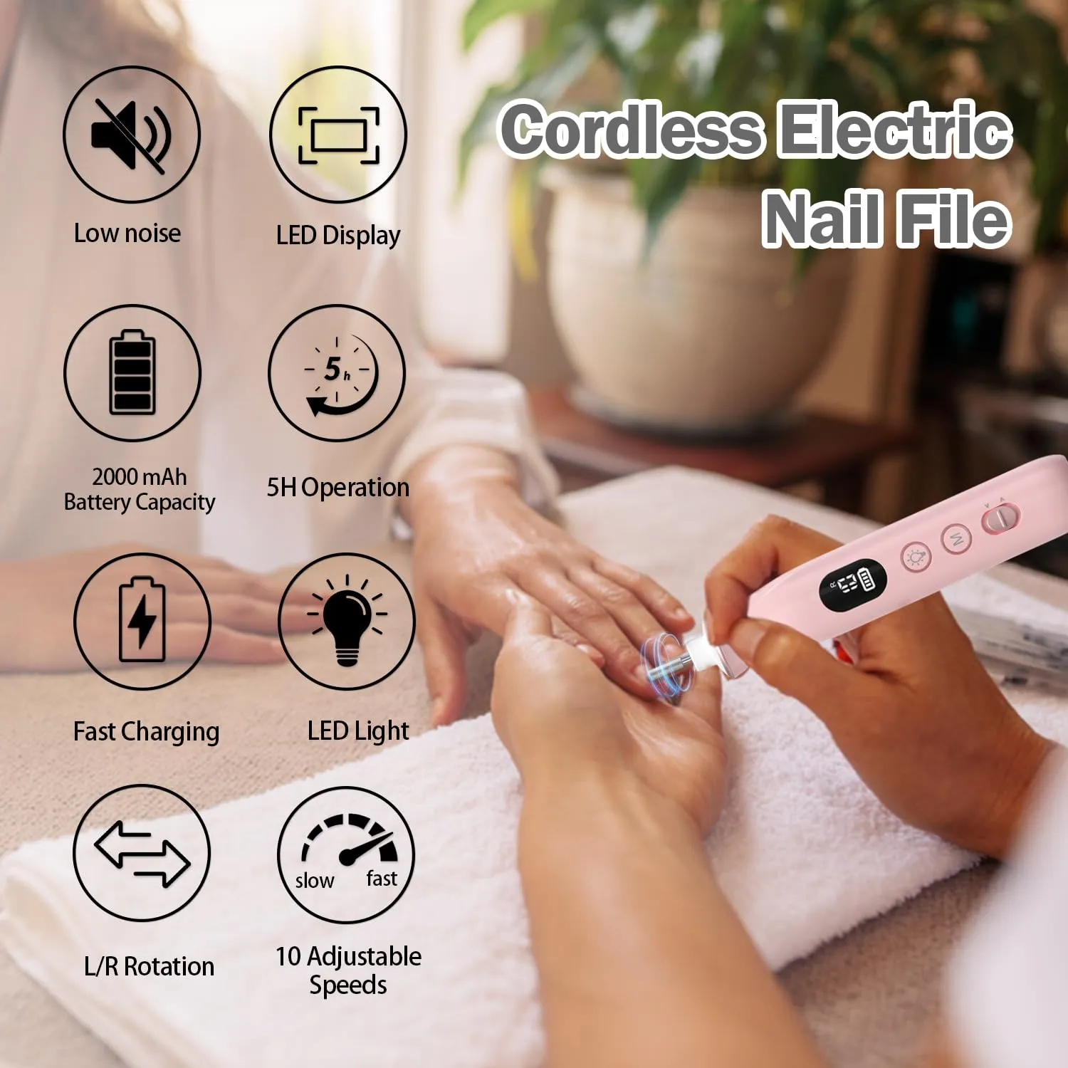 Nail Drill Electric Nail File, with 120*Sanding Bands - 10 Speeds Cordless Manicure Pedicure Kit with LED Light, Portable Nail Drill for Natural & Acrylic Nails, Human & Pet Thick Toenails (Pink)