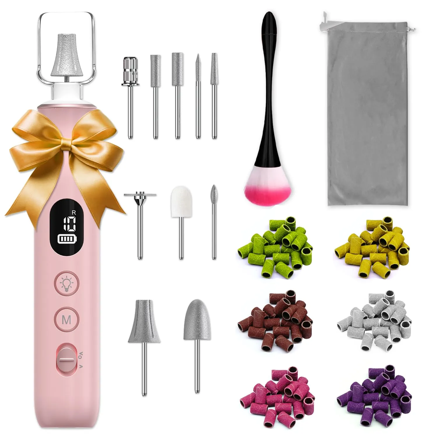 Nail Drill Electric Nail File, with 120*Sanding Bands - 10 Speeds Cordless Manicure Pedicure Kit with LED Light, Portable Nail Drill for Natural & Acrylic Nails, Human & Pet Thick Toenails (Pink)