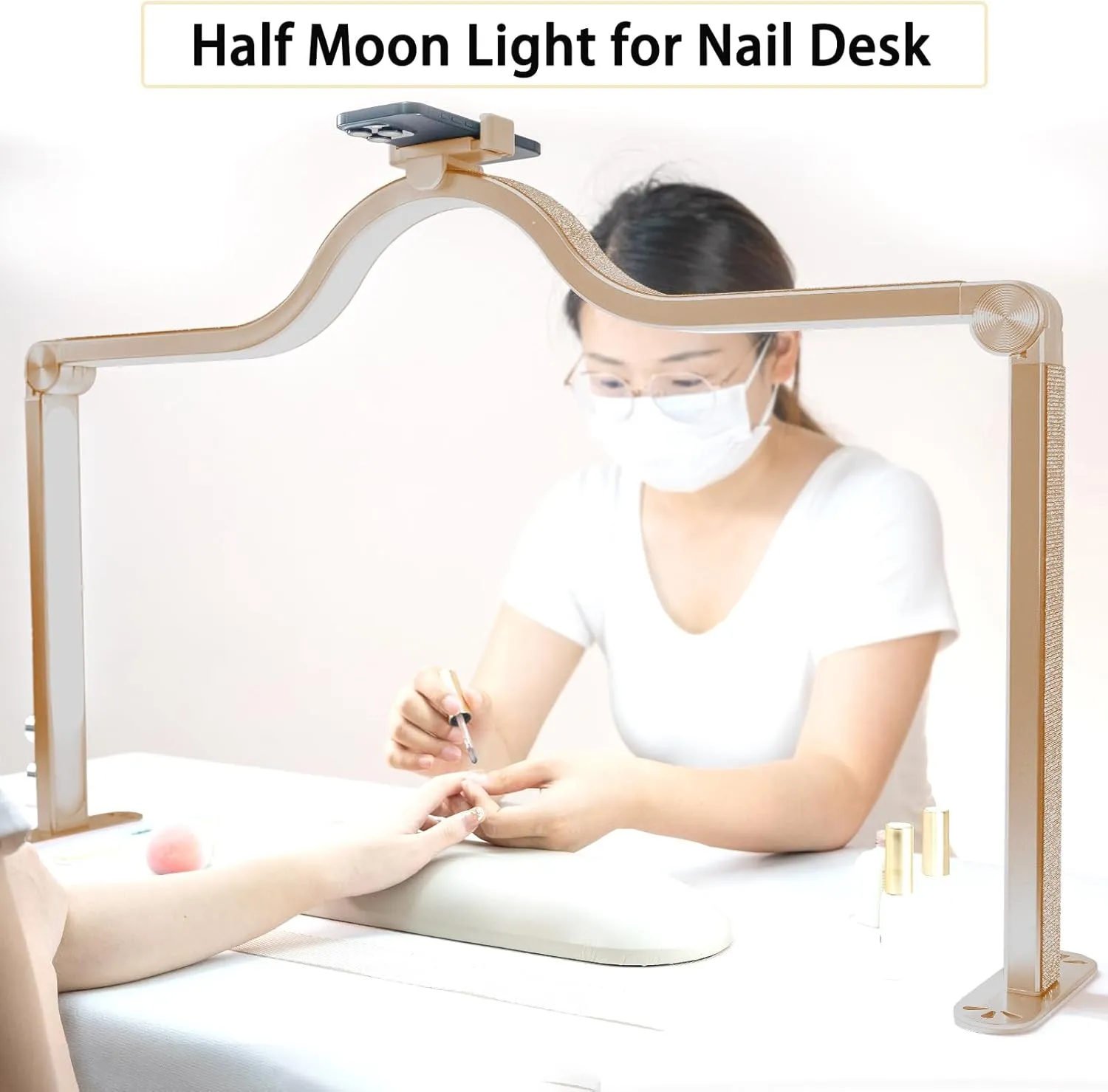 Nail Light for Desk Half Moon Light for Nail Desk 34Inch Foldable LED Table Lamp Manicure for Table Adjustable Dimmable Half Moon Lamp for Lash Beauty Tattoos Crafts Gold