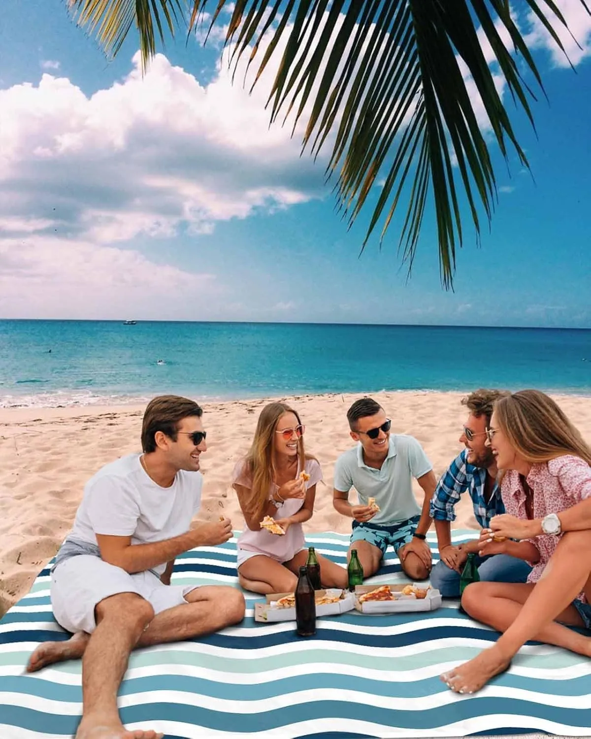 Nautical Beach Blanket Waterproof Sandproof 108"x84", Gradient Blue Green Water Ripple Stripes Oversized Beach Mat with 4 Corner Sand Pocket & 4 Stakes, Compact Outdoor Picnic Mat for Camping Travel
