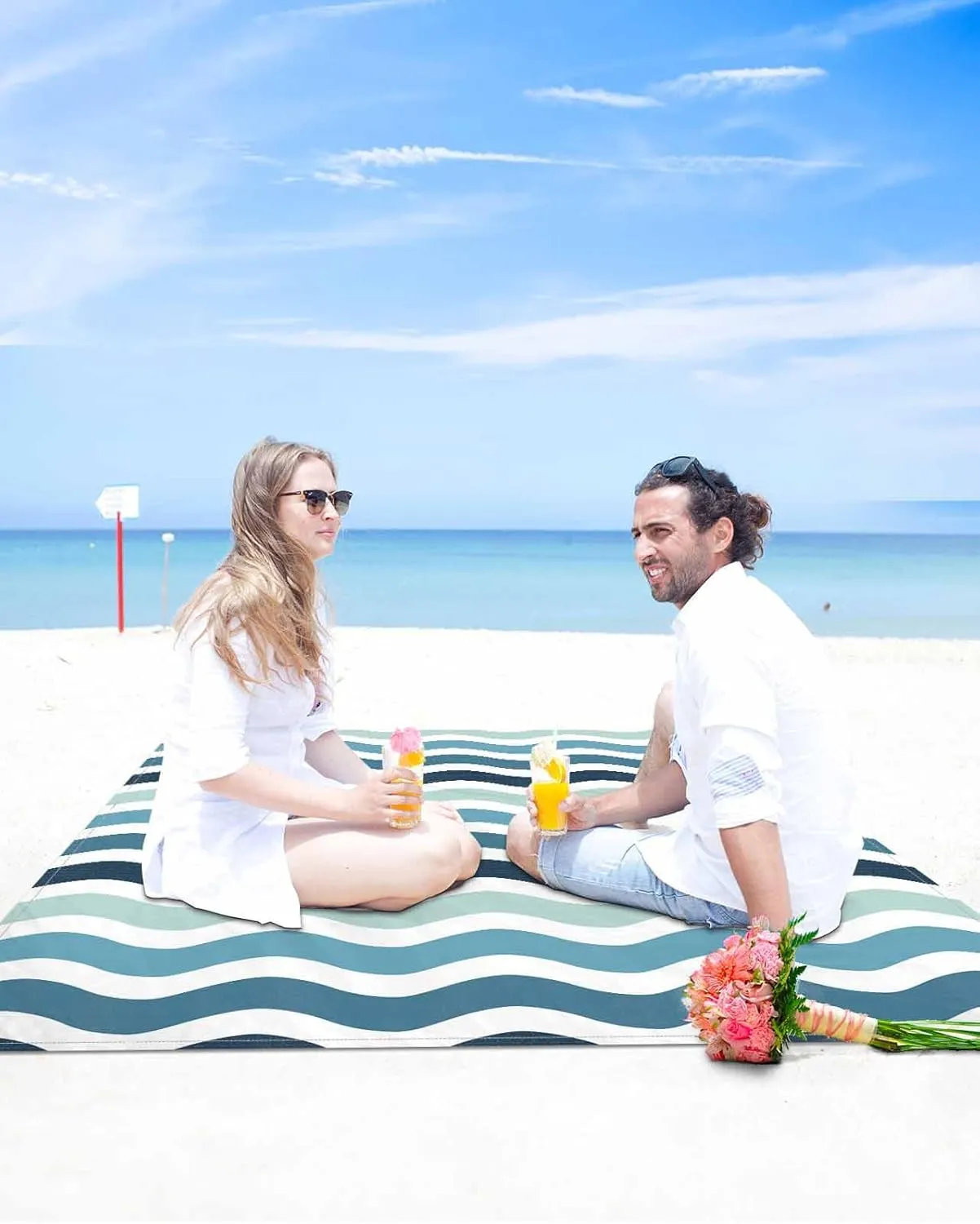 Nautical Beach Blanket Waterproof Sandproof 108"x84", Gradient Blue Green Water Ripple Stripes Oversized Beach Mat with 4 Corner Sand Pocket & 4 Stakes, Compact Outdoor Picnic Mat for Camping Travel