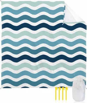 Nautical Beach Blanket Waterproof Sandproof 108"x84", Gradient Blue Green Water Ripple Stripes Oversized Beach Mat with 4 Corner Sand Pocket & 4 Stakes, Compact Outdoor Picnic Mat for Camping Travel