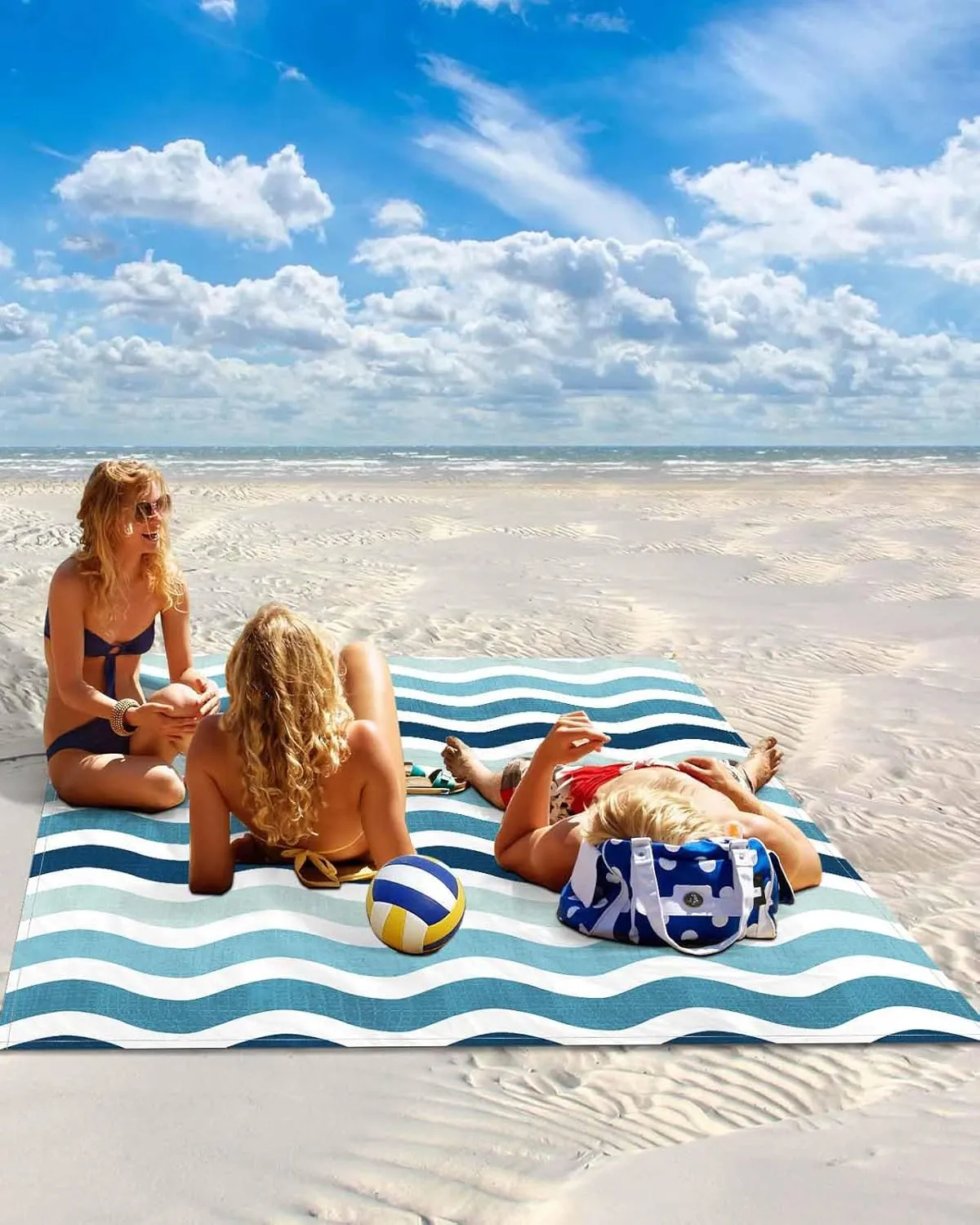Nautical Beach Blanket Waterproof Sandproof 108"x84", Gradient Blue Green Water Ripple Stripes Oversized Beach Mat with 4 Corner Sand Pocket & 4 Stakes, Compact Outdoor Picnic Mat for Camping Travel