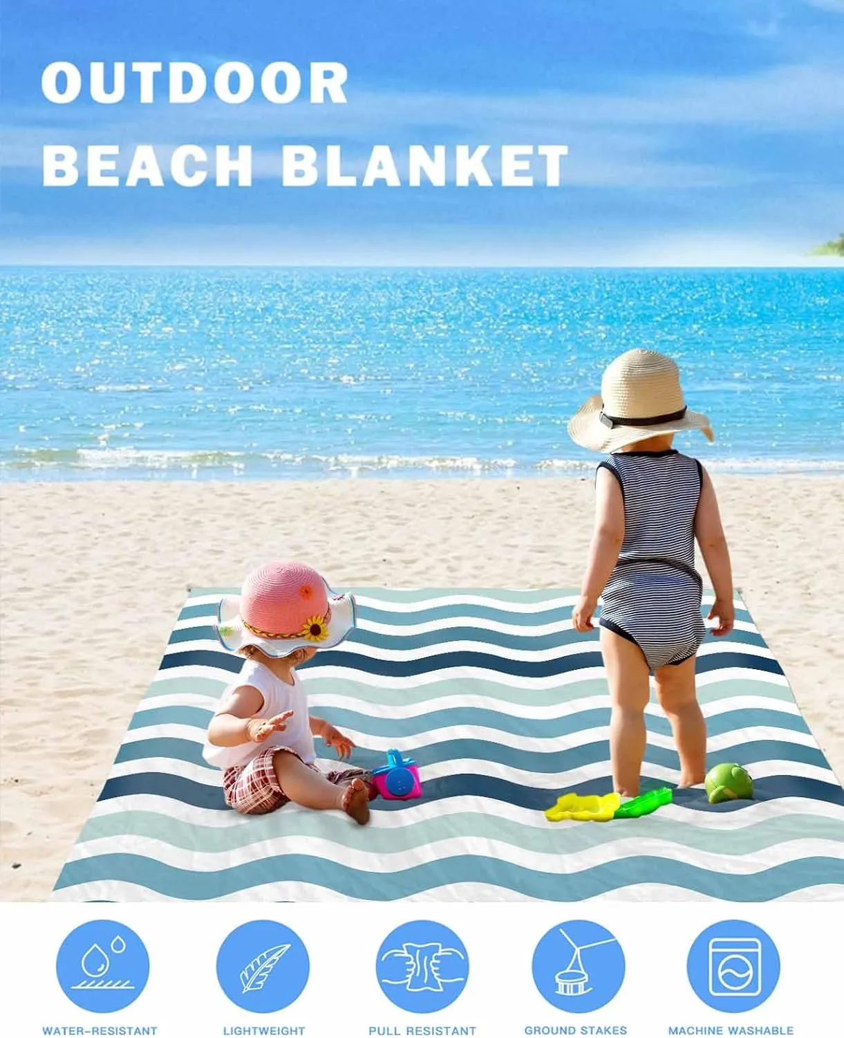 Nautical Beach Blanket Waterproof Sandproof 108"x84", Gradient Blue Green Water Ripple Stripes Oversized Beach Mat with 4 Corner Sand Pocket & 4 Stakes, Compact Outdoor Picnic Mat for Camping Travel