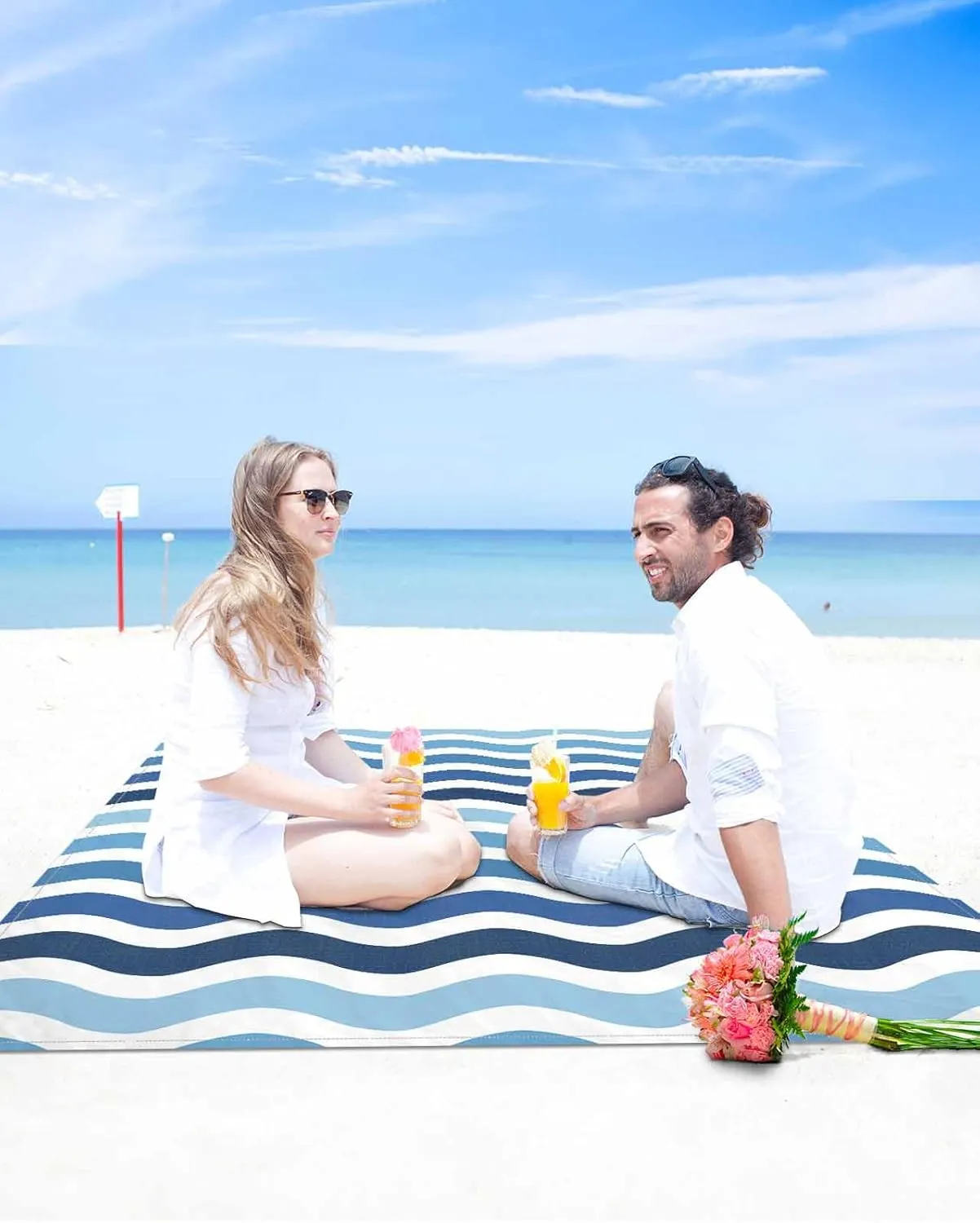 Nautical Beach Blanket Waterproof Sandproof 108"x84", Gradient Blue Water Ripple Stripes Oversized Beach Mat with 4 Corner Sand Pocket & 4 Stakes, Compact Outdoor Picnic Mat for Camping Travel