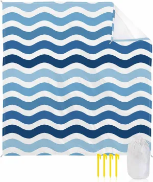 Nautical Beach Blanket Waterproof Sandproof 108"x84", Gradient Blue Water Ripple Stripes Oversized Beach Mat with 4 Corner Sand Pocket & 4 Stakes, Compact Outdoor Picnic Mat for Camping Travel