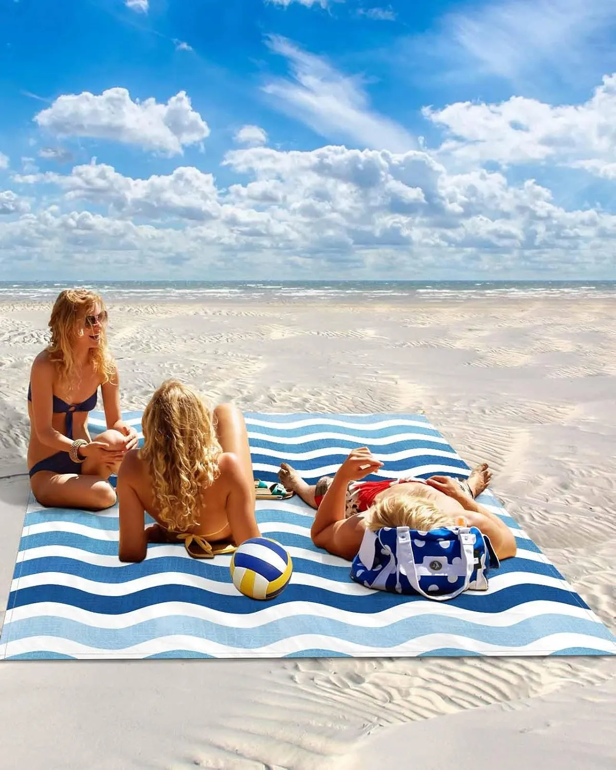Nautical Beach Blanket Waterproof Sandproof 108"x84", Gradient Blue Water Ripple Stripes Oversized Beach Mat with 4 Corner Sand Pocket & 4 Stakes, Compact Outdoor Picnic Mat for Camping Travel