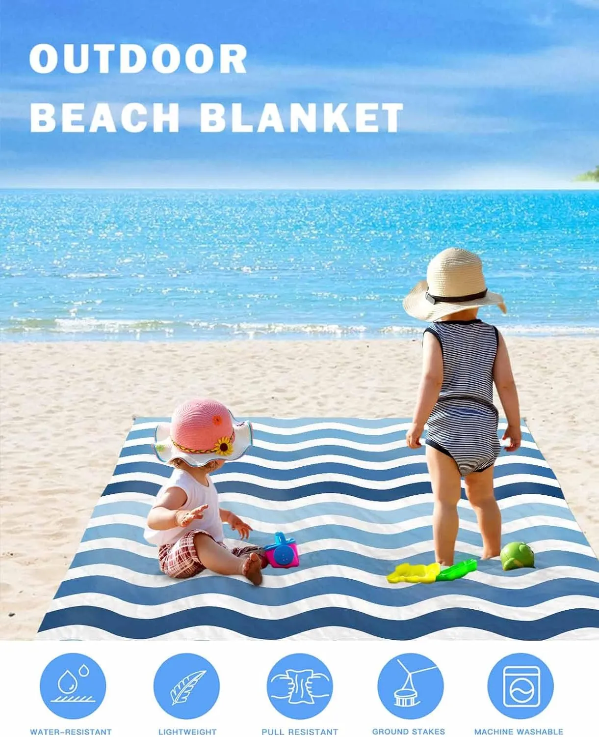 Nautical Beach Blanket Waterproof Sandproof 108"x84", Gradient Blue Water Ripple Stripes Oversized Beach Mat with 4 Corner Sand Pocket & 4 Stakes, Compact Outdoor Picnic Mat for Camping Travel
