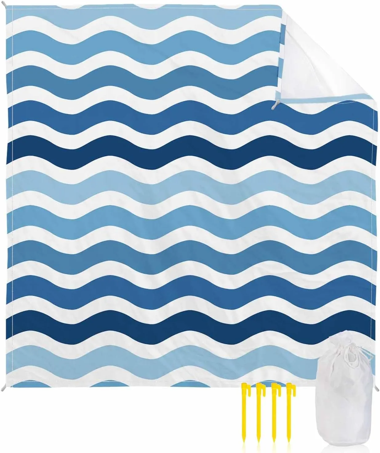 Nautical Beach Blanket Waterproof Sandproof 108"x84", Gradient Blue Water Ripple Stripes Oversized Beach Mat with 4 Corner Sand Pocket & 4 Stakes, Compact Outdoor Picnic Mat for Camping Travel
