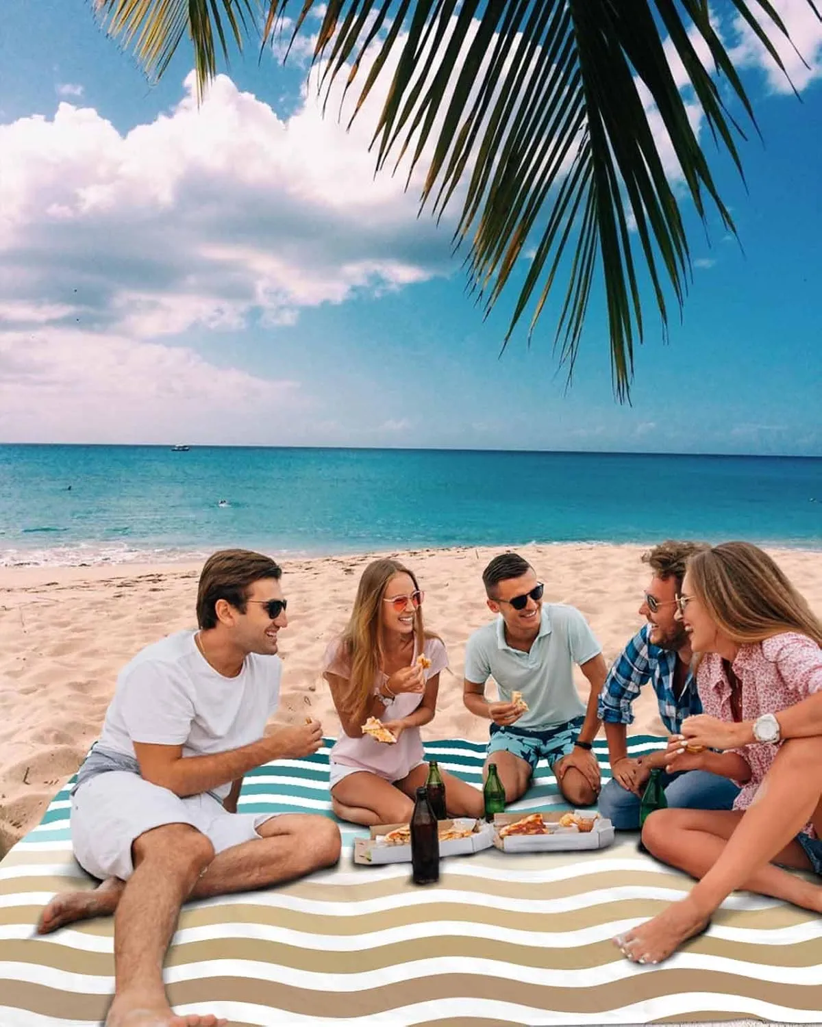 Nautical Beach Blanket Waterproof Sandproof 108"x84", Ombre Cyan Brown Water Ripple Stripes Oversized Beach Mat with 4 Corner Sand Pocket & 4 Stakes, Compact Outdoor Picnic Mat for Camping Travel