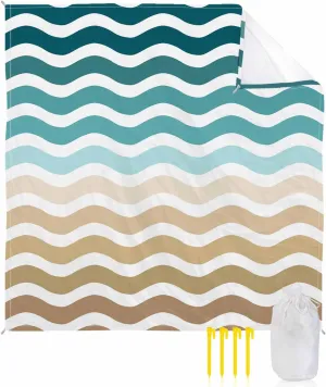 Nautical Beach Blanket Waterproof Sandproof 108"x84", Ombre Cyan Brown Water Ripple Stripes Oversized Beach Mat with 4 Corner Sand Pocket & 4 Stakes, Compact Outdoor Picnic Mat for Camping Travel