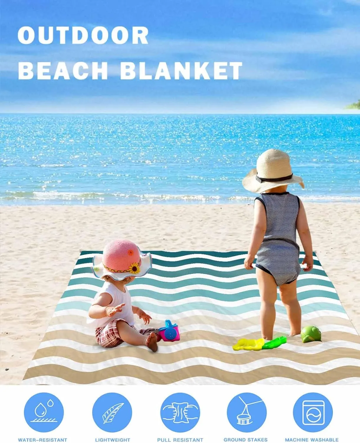 Nautical Beach Blanket Waterproof Sandproof 108"x84", Ombre Cyan Brown Water Ripple Stripes Oversized Beach Mat with 4 Corner Sand Pocket & 4 Stakes, Compact Outdoor Picnic Mat for Camping Travel